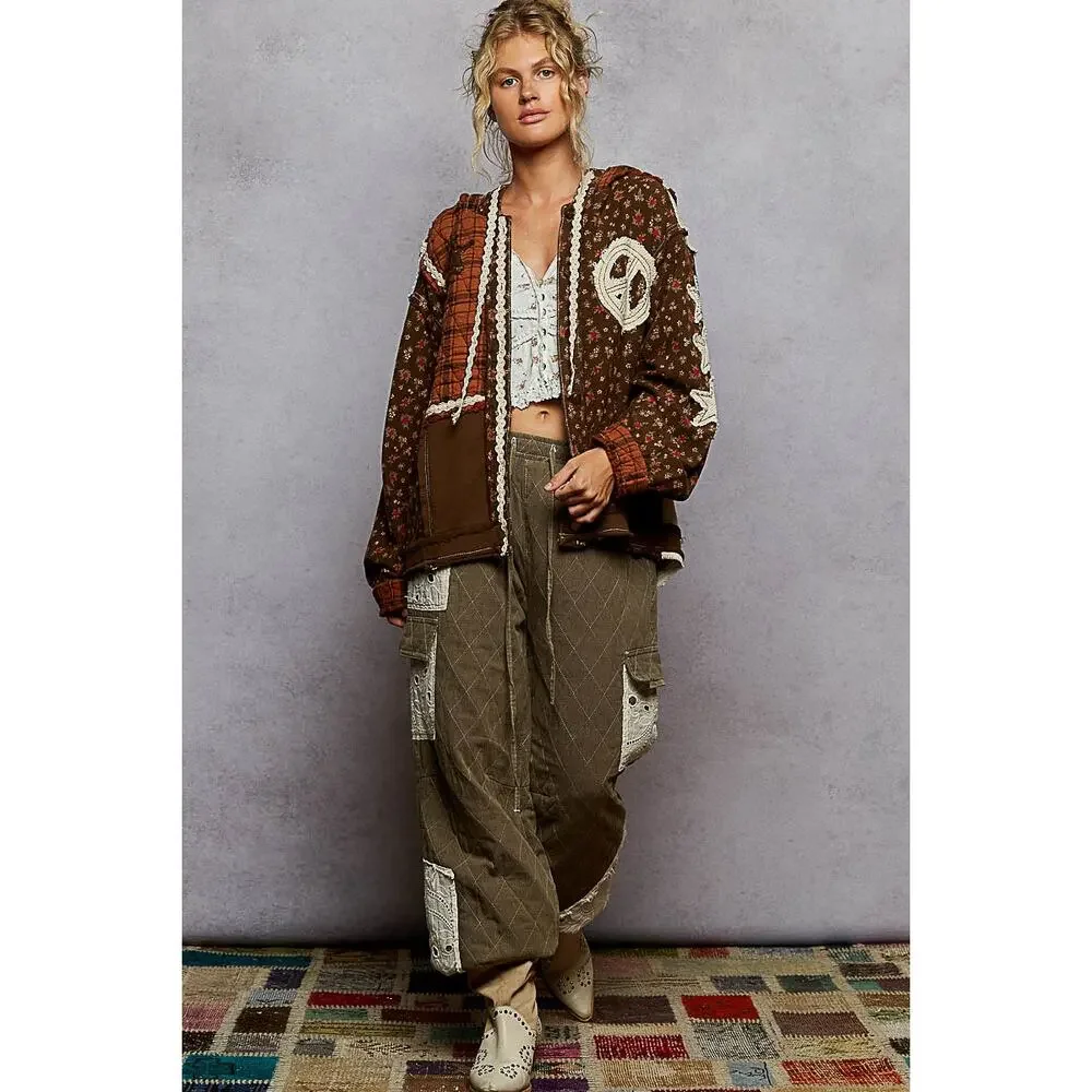 1J***POL hooded long balloon sleeve in printed terry with star & peace patch - Picture 5 of 5